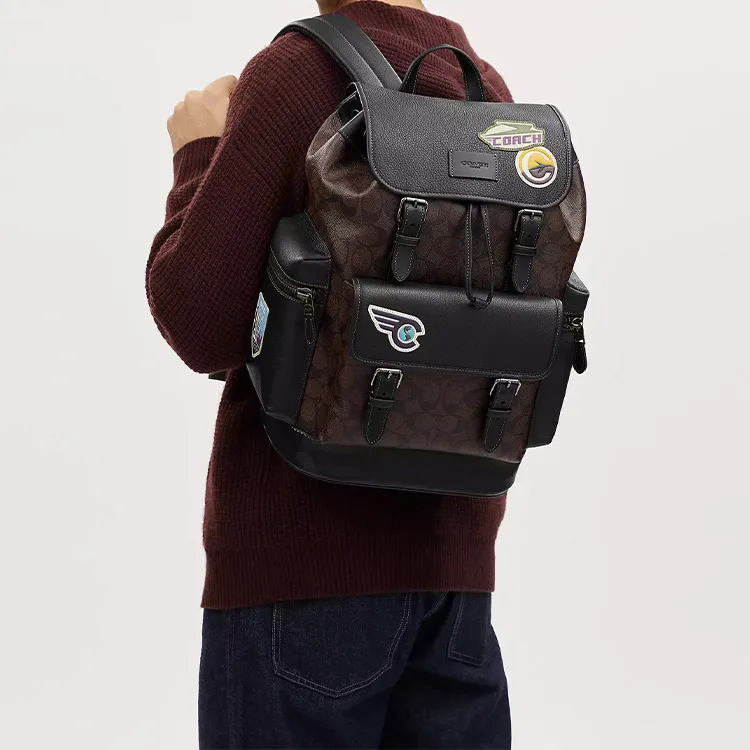 COACH Sprint Jacquard Pebbled Leather With Smooth Calfskin Backpack Tubas Men's Black-3