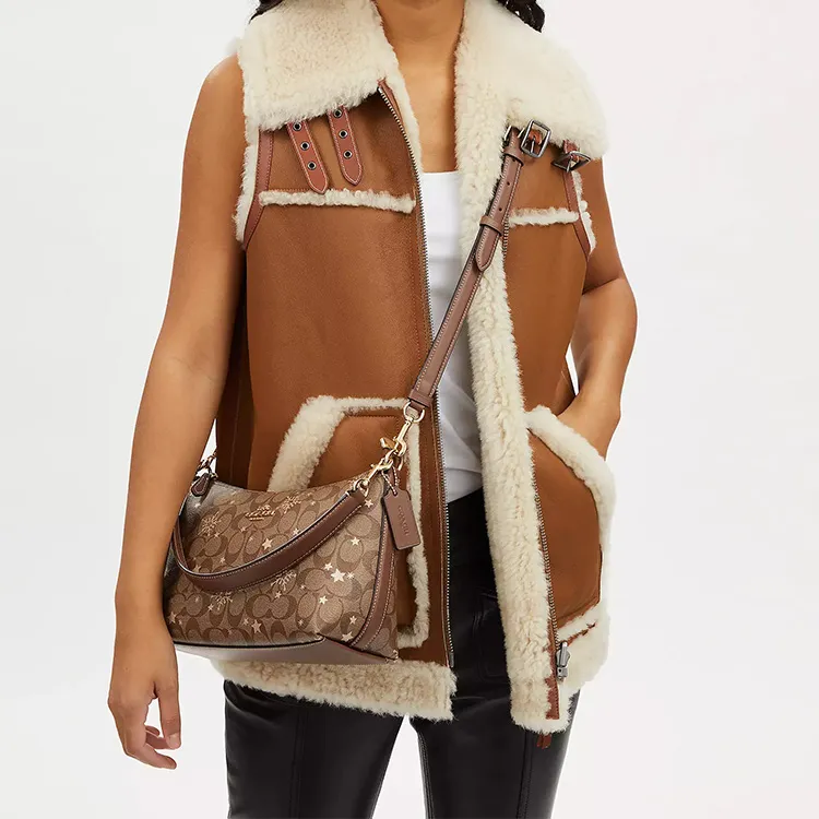 COACH Clara Iconic Coated Canvas With Smooth Leather Shoulder Bag, Handbag Medium Size Women's Khaki-4