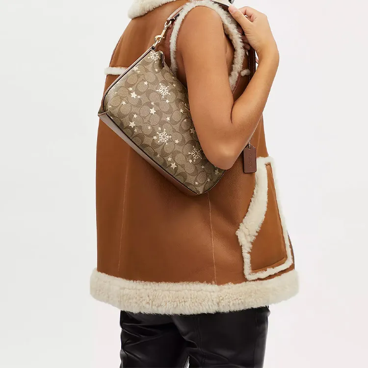 COACH Clara Iconic Coated Canvas With Smooth Leather Shoulder Bag, Handbag Medium Size Women's Khaki-3