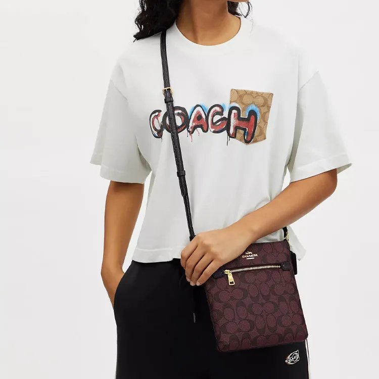 COACH Rowan Canvas With Leather File Bag Shoulder Bag Crossbody Bag Small Size Women's Gold & Deep Red-3