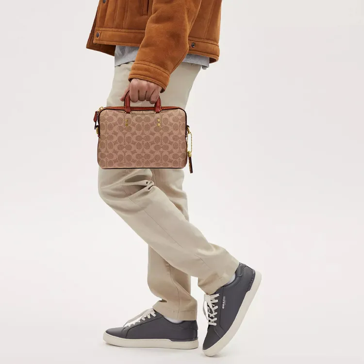 COACH Rogue Canvas With Leather Briefcase One Shoulder Handbag Crossbody Bag Medium Size Men's Tea Brown-3