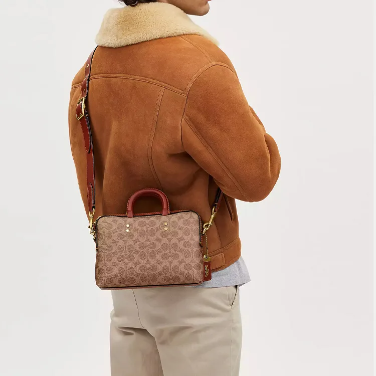 COACH Rogue Canvas With Leather Briefcase One Shoulder Handbag Crossbody Bag Medium Size Men's Tea Brown-4