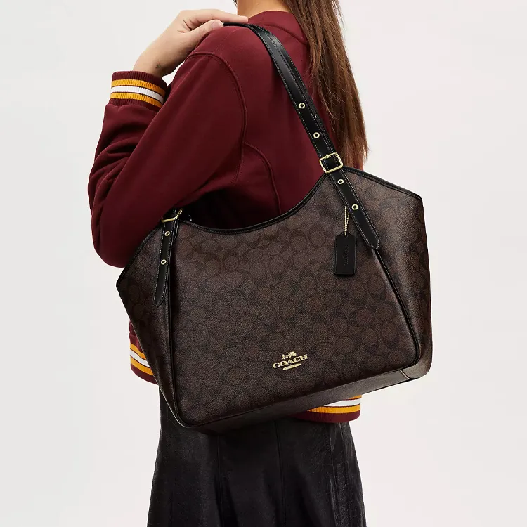 COACH Canvas With Leather Tote Bag Shopping Bag Handbag Shoulder Bag Women's Gold & Brown Black-3