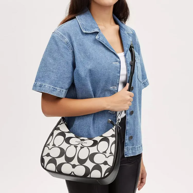 COACH Teri Canvas With Leather Shoulder Bag Handbag Shoulder Bag Women's Silver & Chalk-3