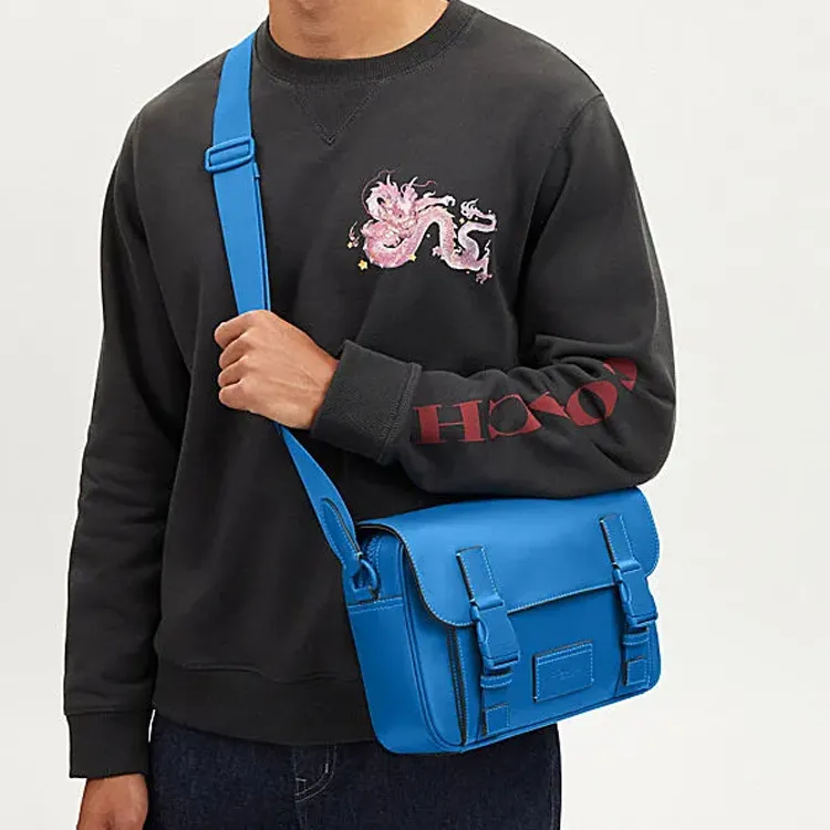 COACH Track Cow Leather Messenger Bag Shoulder Bag Crossbody Bag Large Size Men's Bright Blue-3