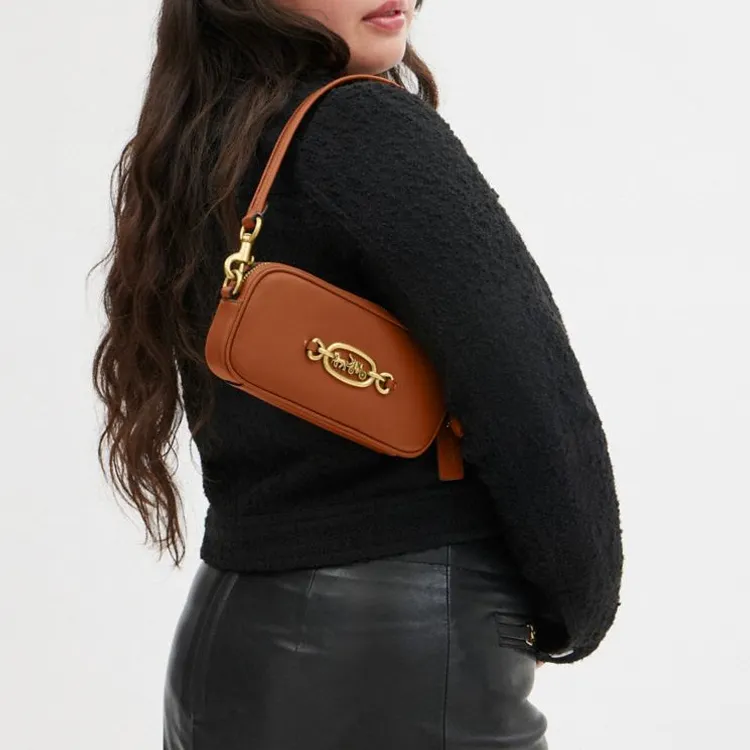 COACH Leather Portable Crossbody Bag, Shoulder Bag Trumpets Women's Polished Amber-2
