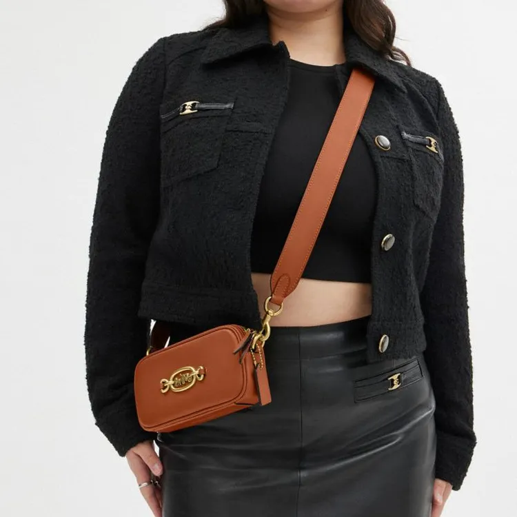 COACH Leather Portable Crossbody Bag, Shoulder Bag Trumpets Women's Polished Amber-3