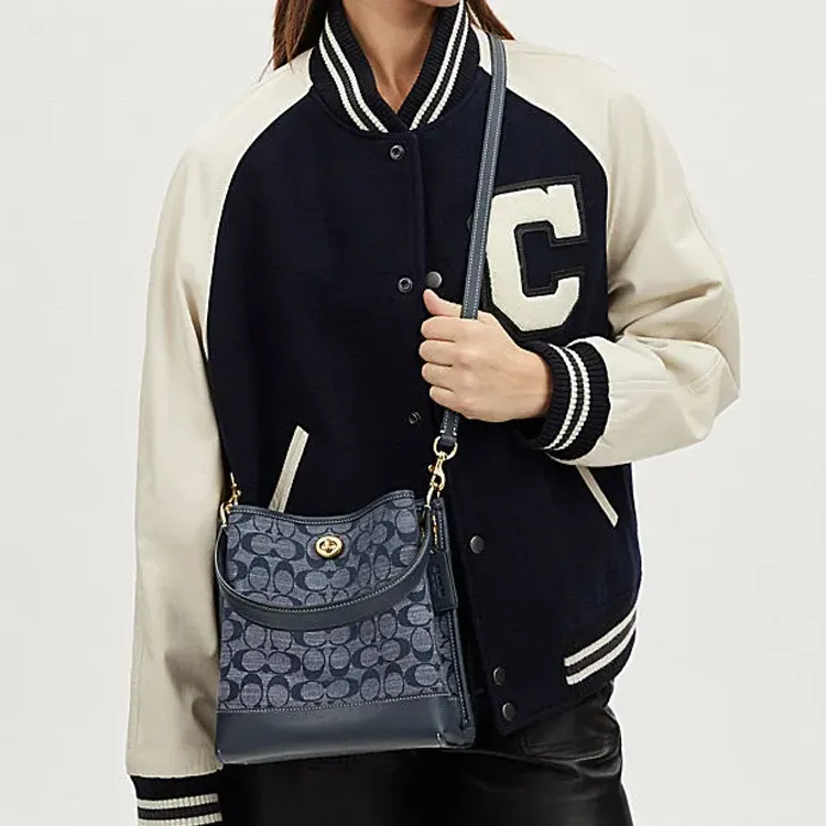 COACH Charlie Fabric Cow Leather Patchwork Bucket Bags Shoulder Bag Crossbody Bag Small Size Women's Denim-3