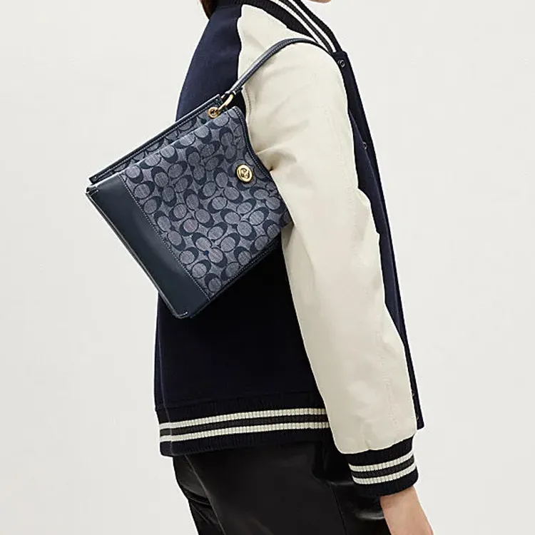 COACH Charlie Fabric Cow Leather Patchwork Bucket Bags Shoulder Bag Crossbody Bag Small Size Women's Denim-4