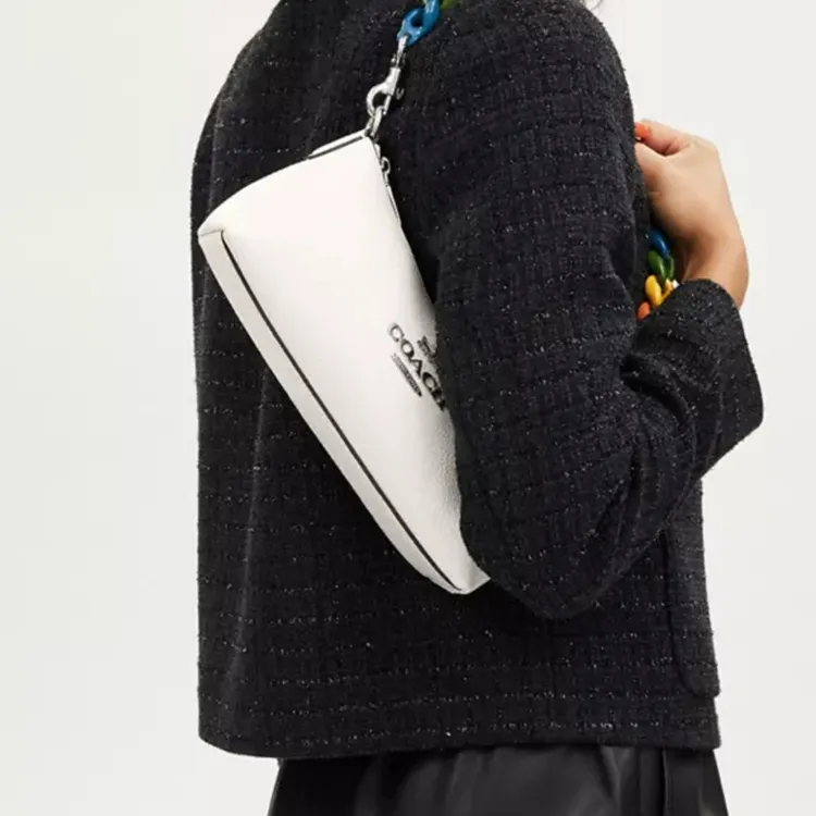 COACH Charlotte Refined Pebbled Leather Baguette Bag Handbag, Shoulder Bag Women's Silver & Chalk Multicolor-3