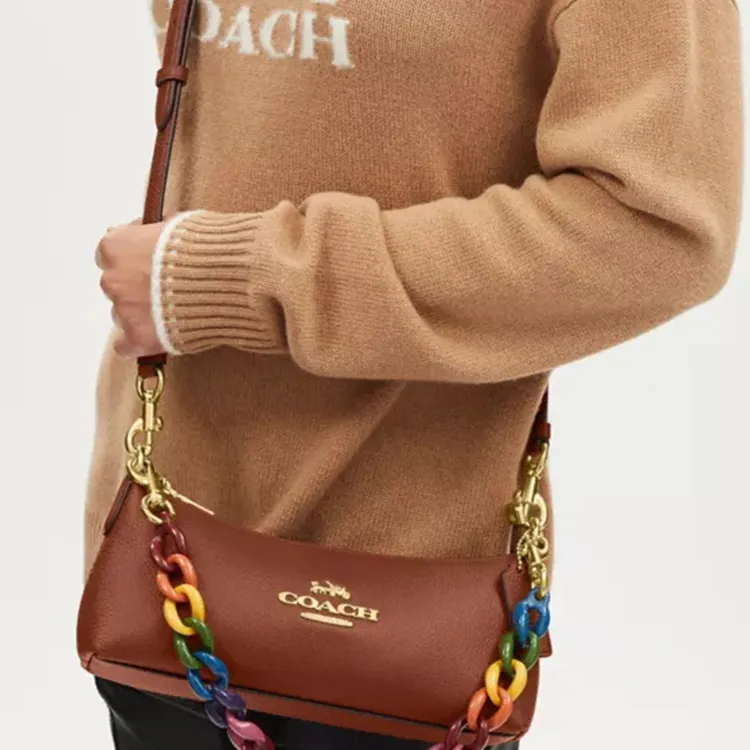 COACH Charlotte Refined Pebbled Leather Baguette Bag Handbag, Shoulder Bag Women's Gold & Redwood Multicolor-3