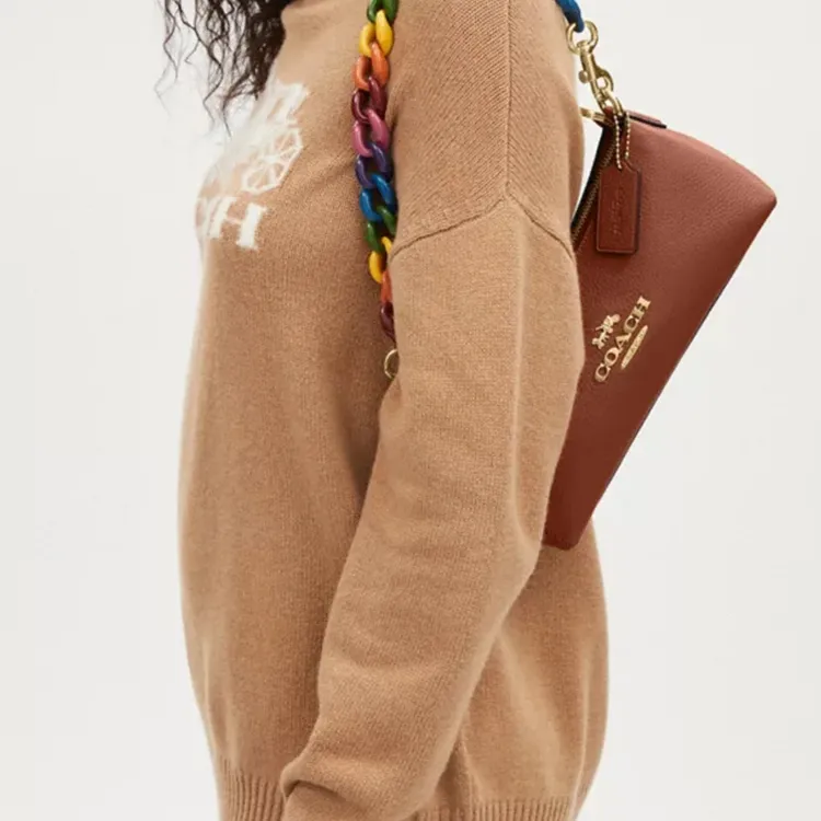COACH Charlotte Refined Pebbled Leather Baguette Bag Handbag, Shoulder Bag Women's Gold & Redwood Multicolor-4