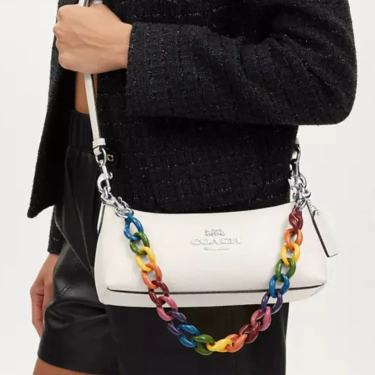 COACH Charlotte Refined Pebbled Leather Baguette Bag Handbag, Shoulder Bag Women's Silver & Chalk Multicolor-4