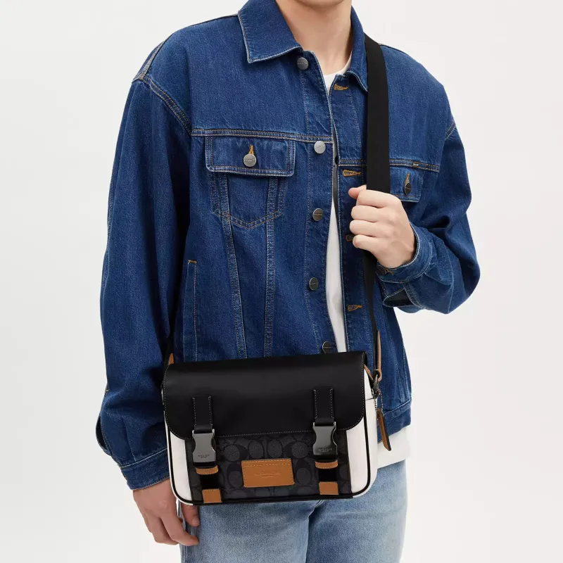 COACH Track Coated Canvas With Smooth Calfskin Shoulder Bag Crossbody Bag Medium Size Women's Black-3
