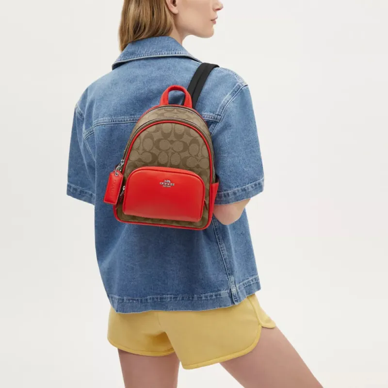 COACH Court Coated Canvas With Smooth Leather Backpack Small Size Women's Silver & Khaki & Miami Red-3