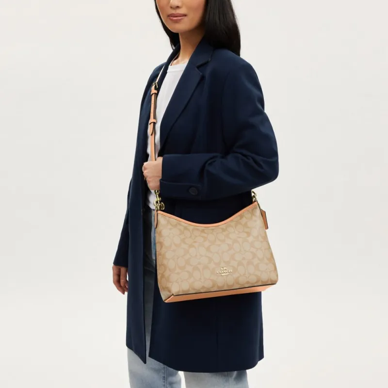 COACH Coated Canvas With Smooth Leather Handbag Shoulder Bag Large Size Women's Brown-4