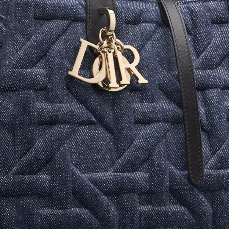 DIOR Fabric Cow Leather Patchwork Handbag Medium Size Women's Blue-3