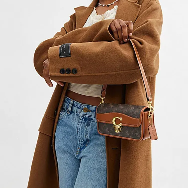 COACH Studio Artificial Leather With Cow Leather Shoulder Bag, Crossbody Bag Trumpets Women's Black & Brown-4