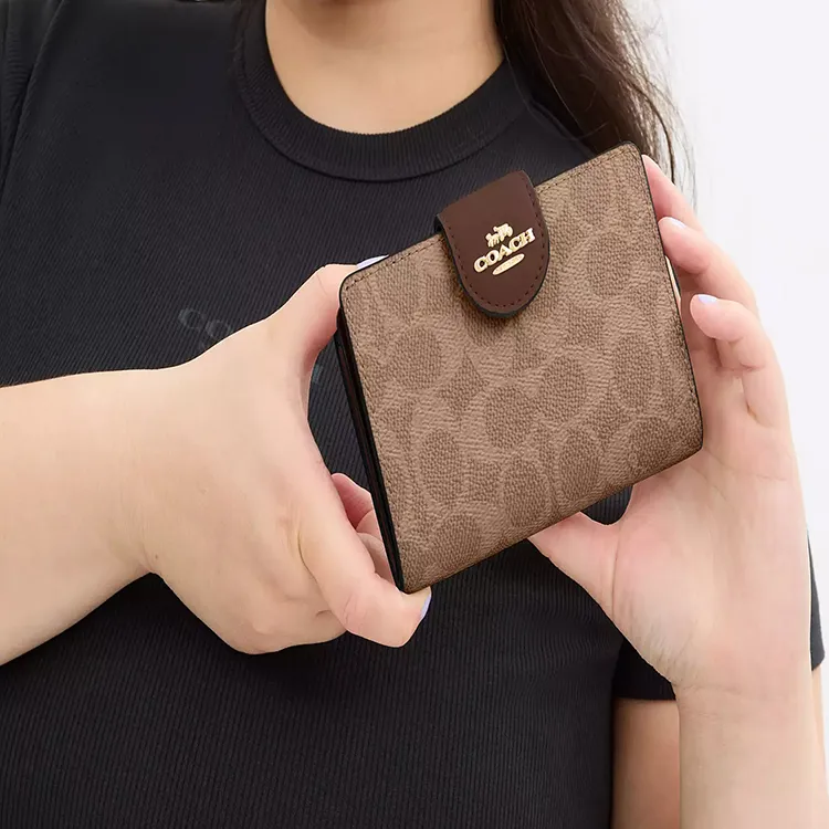 COACH SignatureCanvas High Quality Leather Wallet Medium Size Women's Tan & Brown-2