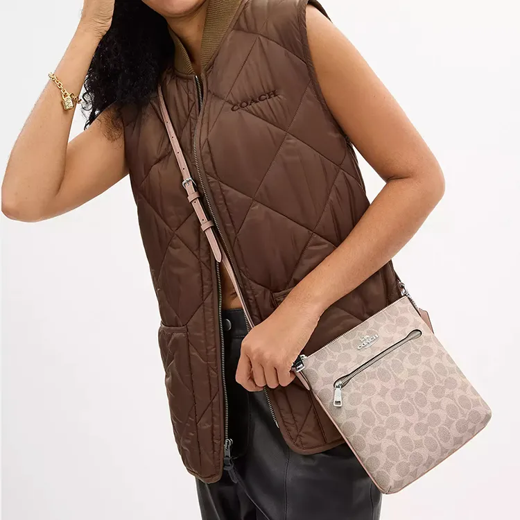 COACH Rowan Coated Canvas Shoulder Bag, Crossbody Bag Mini Women's Sand & Silver & Taupe-3