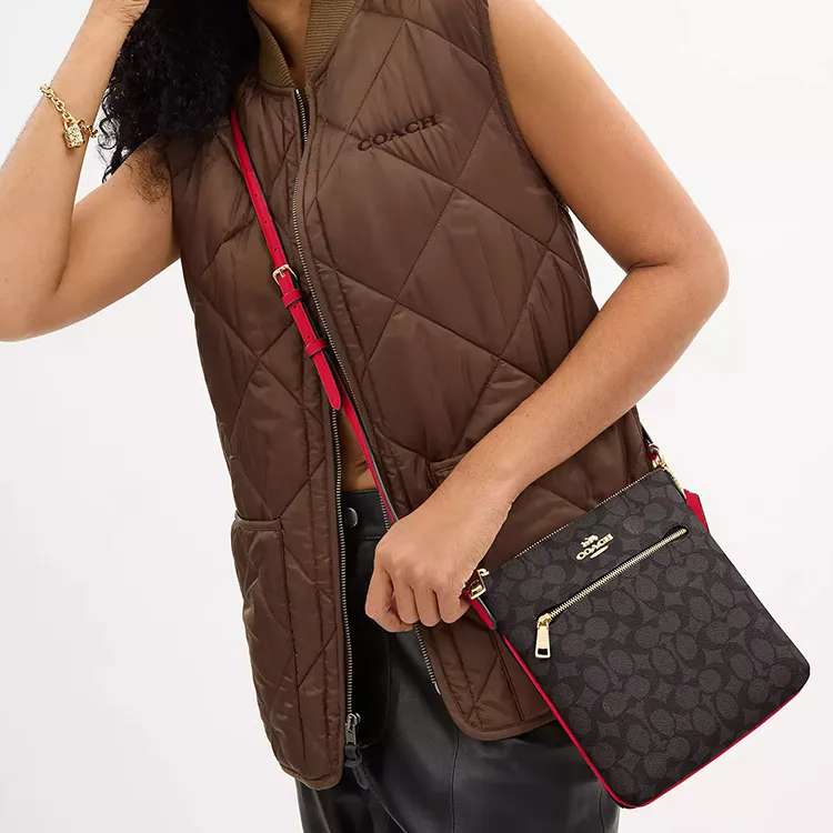 COACH Rowan Coated Canvas Shoulder Bag, Crossbody Bag Mini Women's Walnut Wood & Red-3