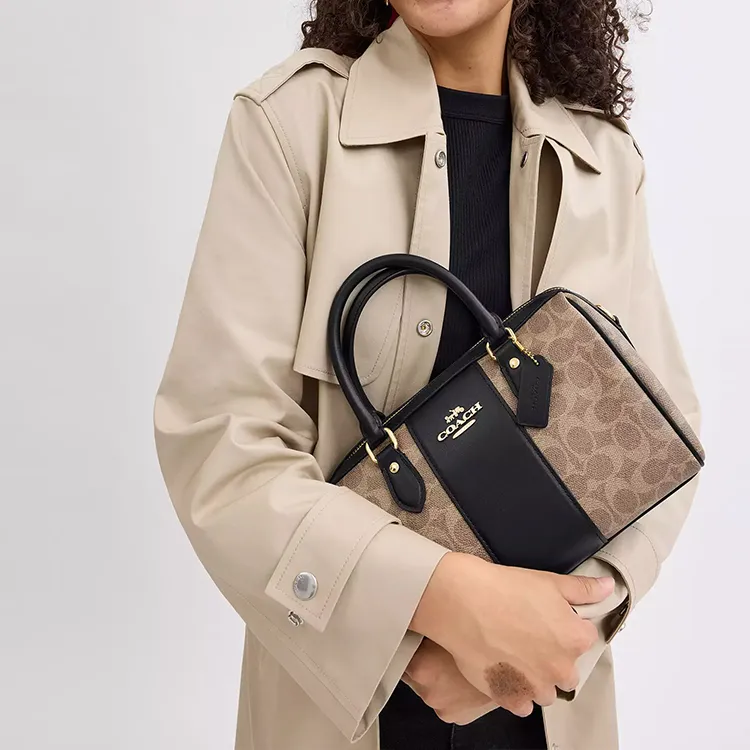 COACH Rowan Coated Canvas Shoulder Bag Crossbody Bag Handbag Medium Size Women's Tan & Black-4