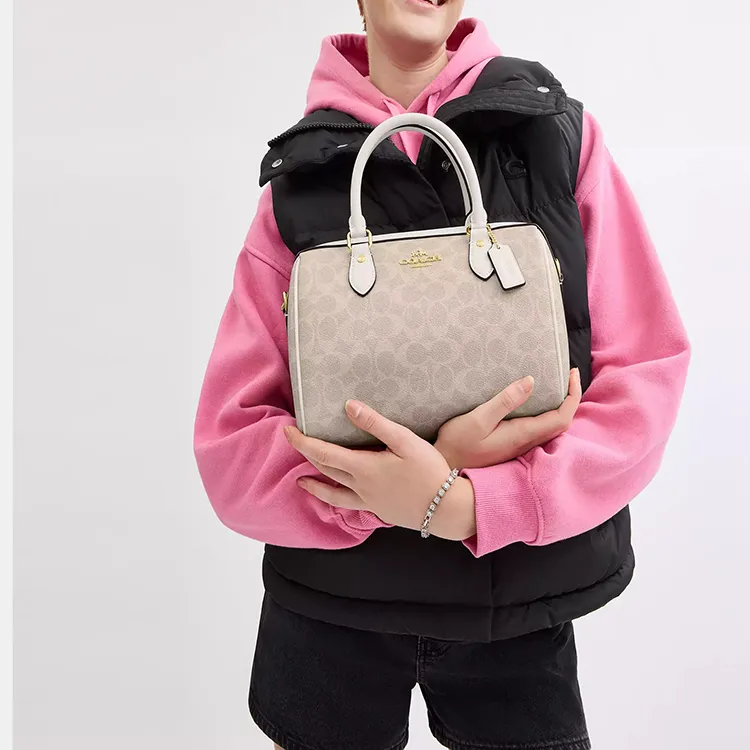 COACH Rowan Coated Canvas Shoulder Bag Crossbody Bag Handbag Medium Size Women's Sand & Chalk White-4