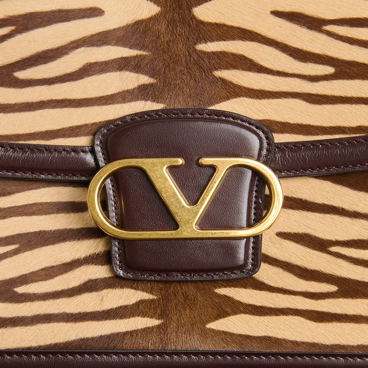 Valentino Tiger Print With Leather Shoulder Bag, Crossbody Bag Women's Beige & Dark Brown-5