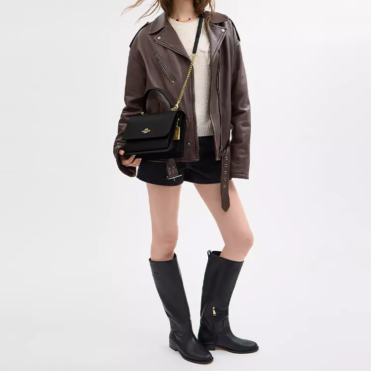 COACH Leather Shoulder Bag Crossbody Bag Handbag Medium Size Women's Black-4