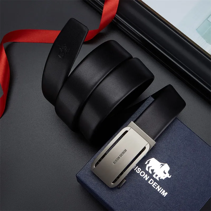BISON DENIM Men's Automatic Buckle Leather Belts Men's Width 3.5CM-1