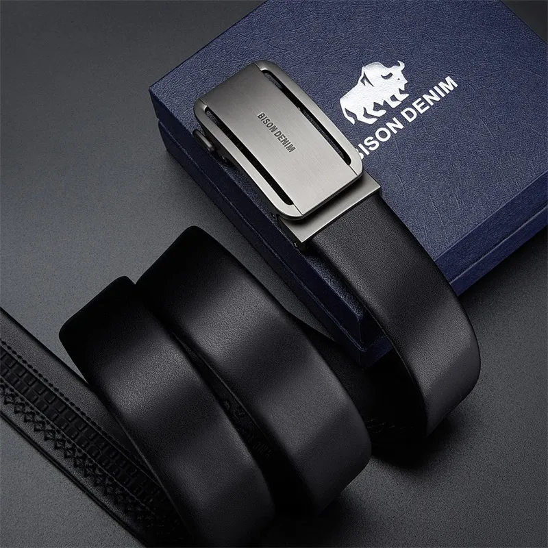 BISON DENIM Men's Automatic Buckle Leather Belts Men's Width 3.5CM-4