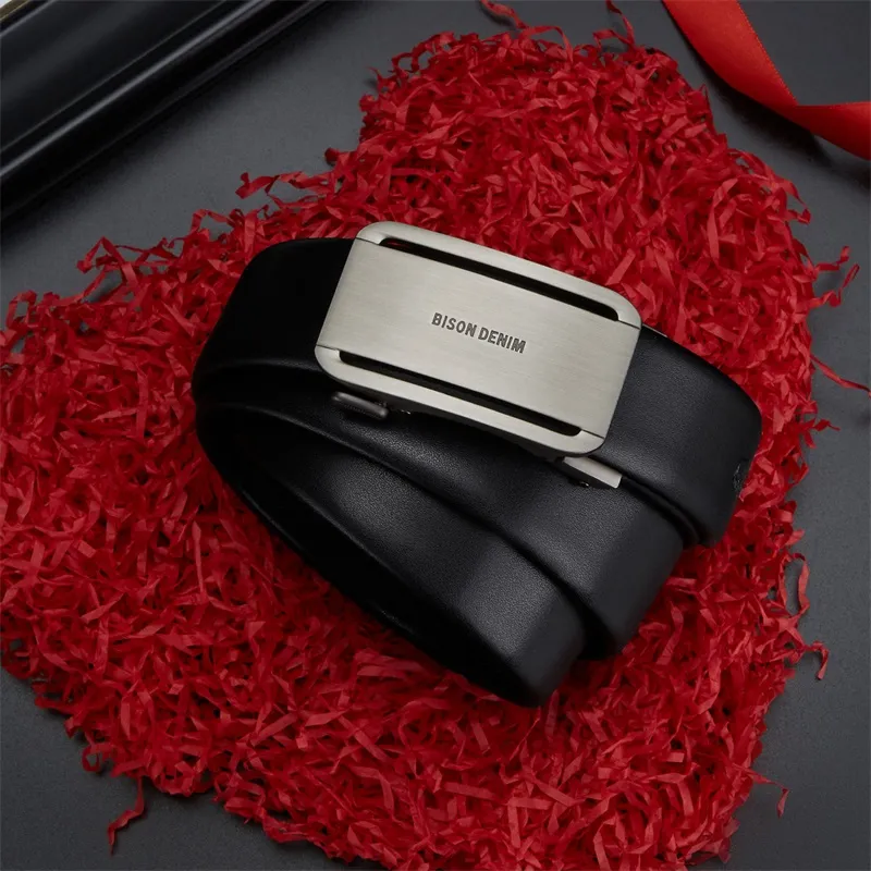 BISON DENIM Men's Automatic Buckle Leather Belts Men's Width 3.5CM-2
