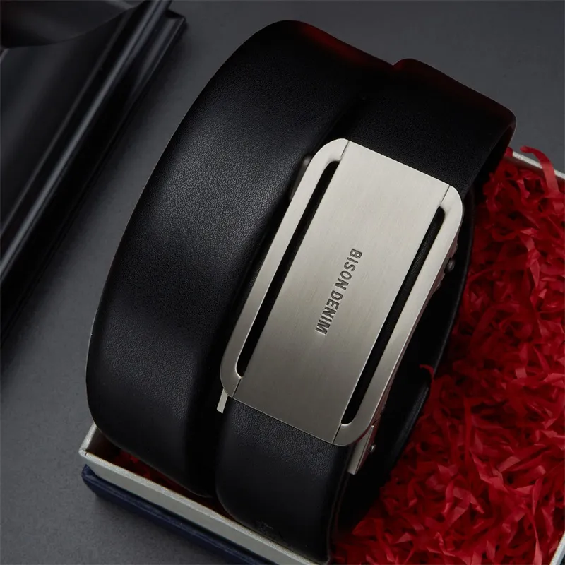 BISON DENIM Men's Automatic Buckle Leather Belts Men's Width 3.5CM-6