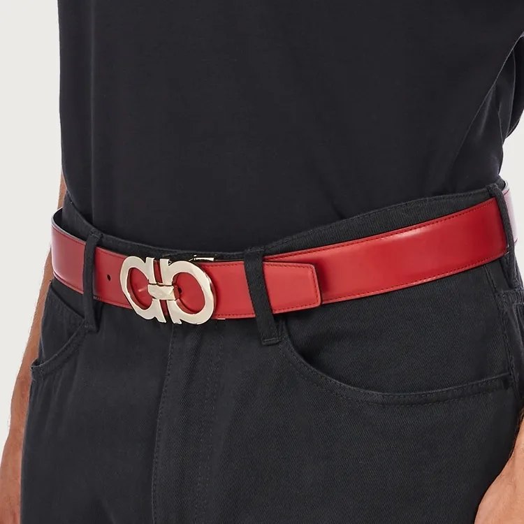 FERRAGAMO Double-Sided Etched Emblem Decoration Smooth Buckle Leather Belts Men's Red Width: 3.5cm-2