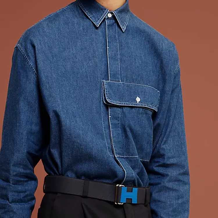 HERMES Badge Letter Decoration, Smooth Buckle Leather Belts Unisex Dark Blue Width 4cm-1
