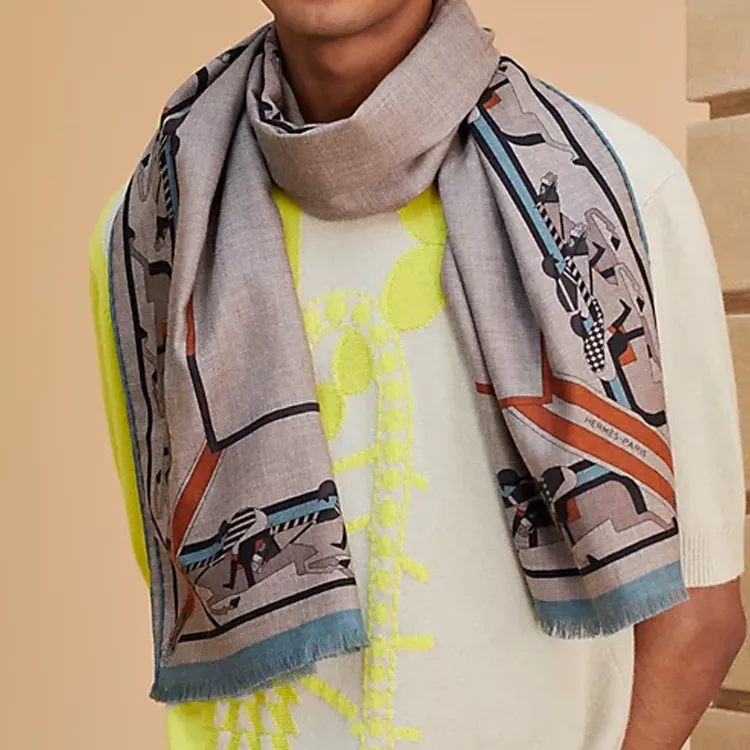HERMES Knit Scarves Men's Gray Brown-1