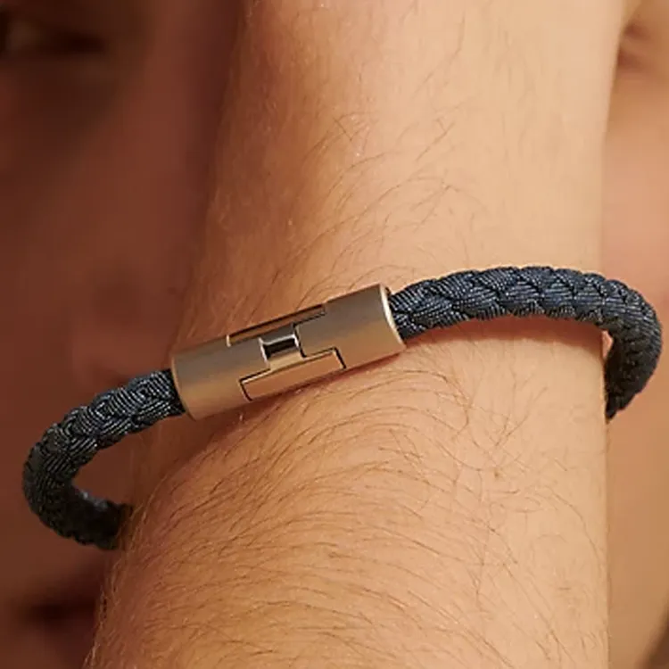 HERMES Leather Palladium-Plated Gold Bracelets Men's Blue-2
