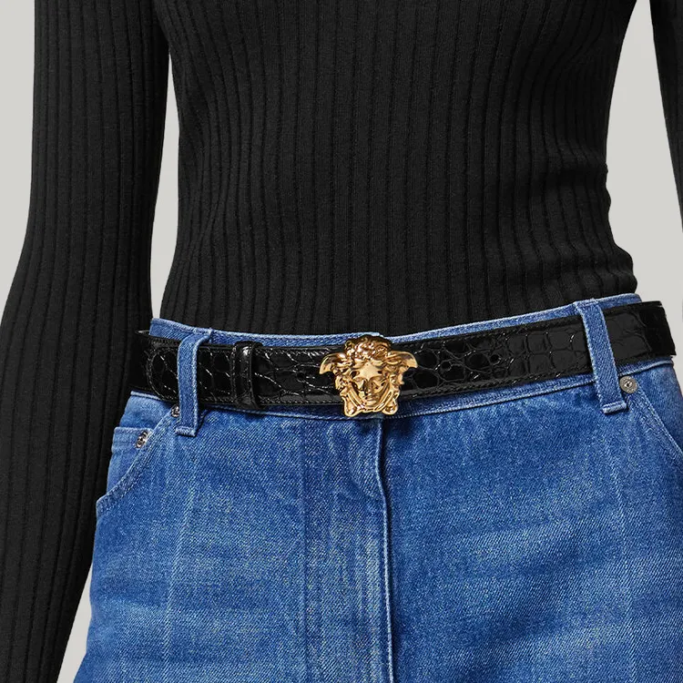 VERSACE Crocodile Pattern Embossed Smooth Buckle Leather Belts Women's Black Width: 3CM-3
