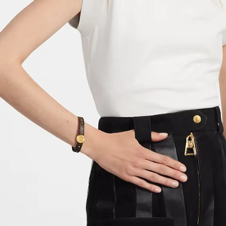 LOUIS VUITTON Metal Calf Leather Bangles Women's Brown-3