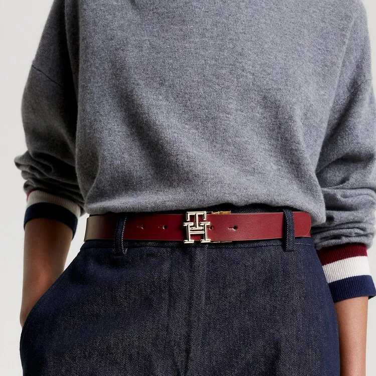 Tommy Hilfiger Double-Sided Design Smooth Buckle Leather Belts Women's Red/Black-2