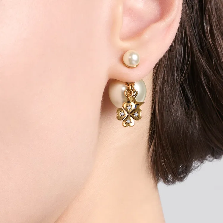 DIOR Metal Crystal Resin Pearl Earrings Women's Gold-3