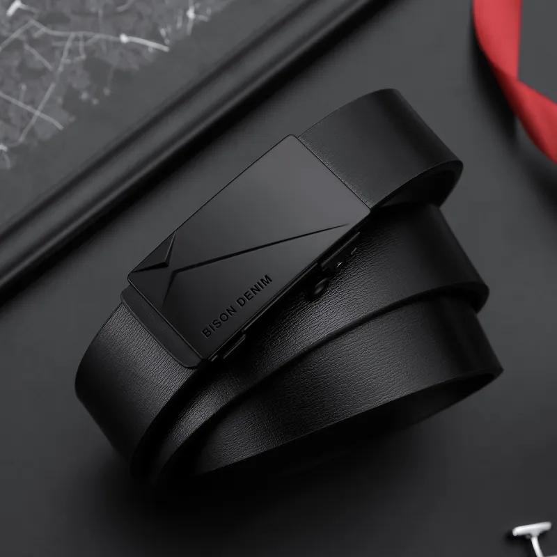 BISON DENIM Automatic Buckle Business Soft Comfortable Alloy Leather Belts Men's Width 3.3cm-5