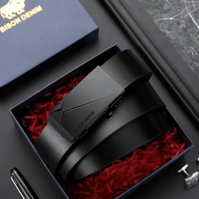 BISON DENIM Automatic Buckle Business Soft Comfortable Alloy Leather Belts Men's Width 3.3cm-2