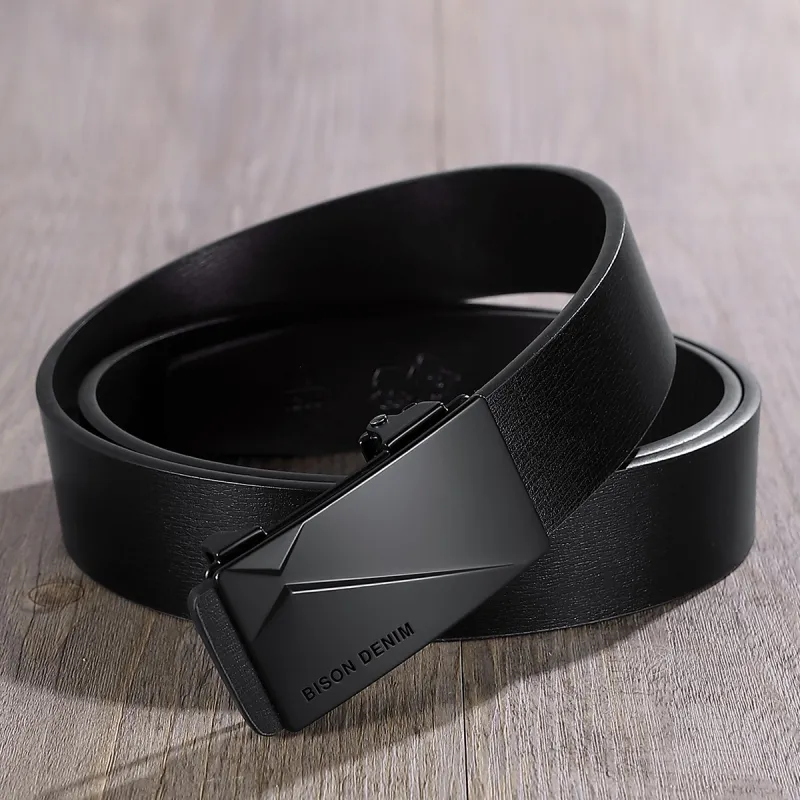BISON DENIM Automatic Buckle Business Soft Comfortable Alloy Leather Belts Men's Width 3.3cm-3
