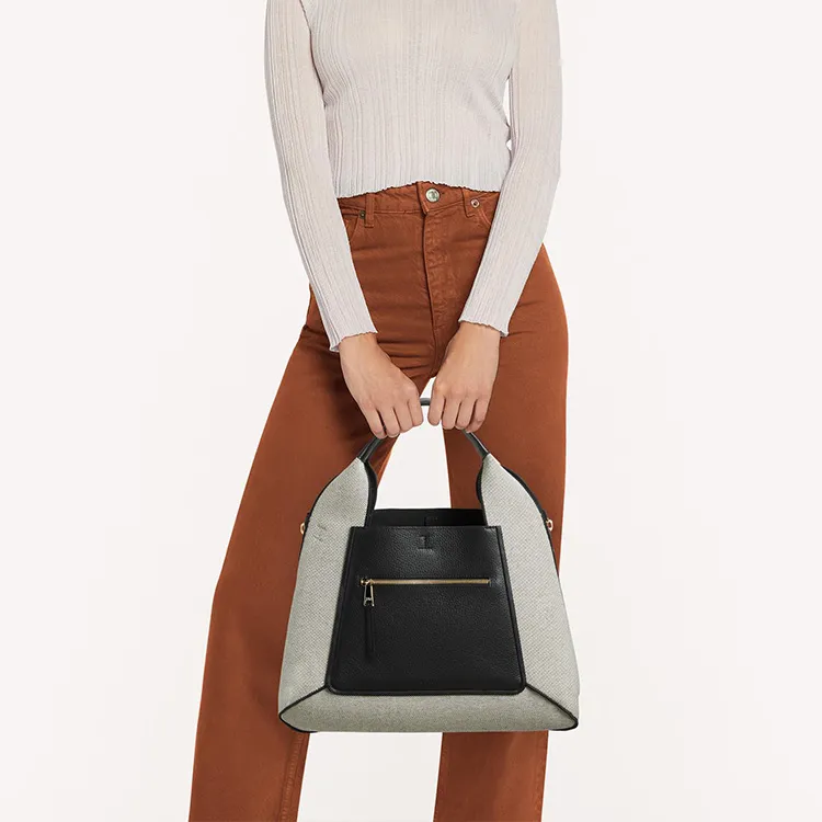 Furla Canvas With Calfskin Tote Bag Shopping Bag Shoulder Bag Crossbody Bag Handbag Large Size Women's Black/Gray-4