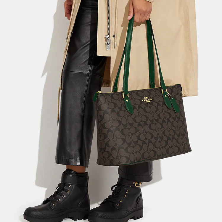 COACH Gallery Canvas With Leather Tote Bag, Shopping Bag, Shoulder Bag, Handbag Regular Women's Khaki & Green-4