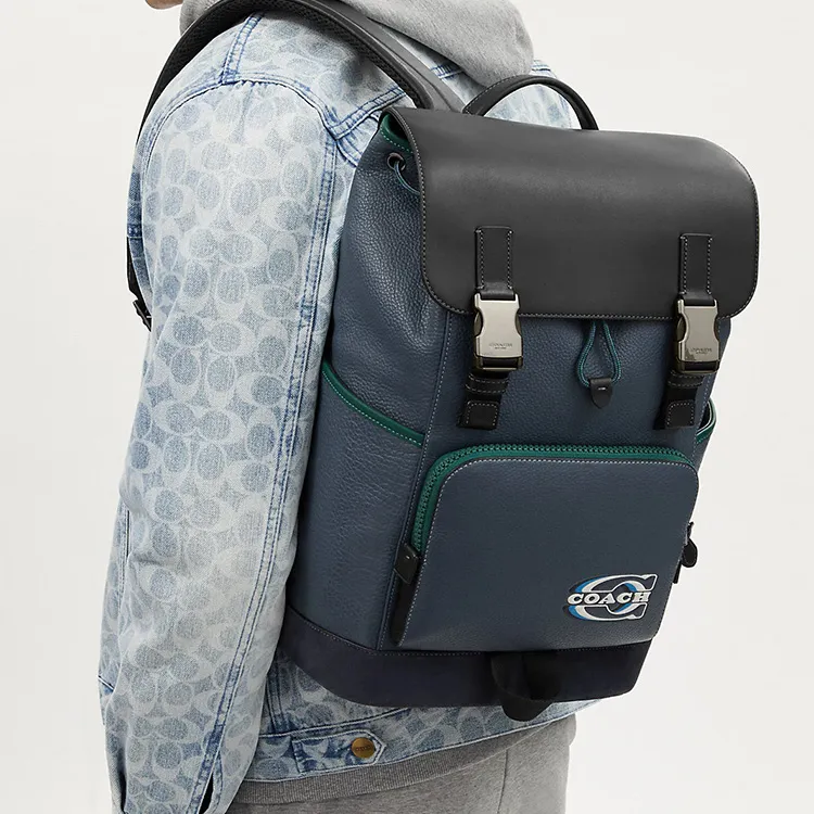 COACH Pebble Texture Leather With Cow Leather And Suede Backpack Tubas Women's Black & Blue-3
