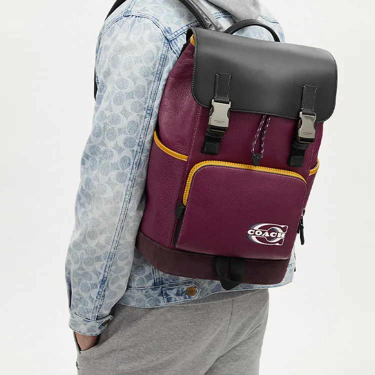 COACH Pebble Texture Leather With Calfskin And Suede Backpack Tubas Women's Black & Dark Berry-3
