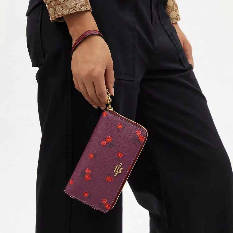 COACH Zip Around Canvas With Leather Wrist Bag Wallet Small Size Women's Deep Raspberry-2