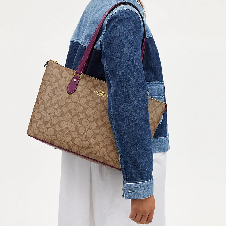 COACH Gallery Canvas With Leather Tote Bag, Shopping Bag, Shoulder Bag, Handbag Women's Khaki & Berry-3